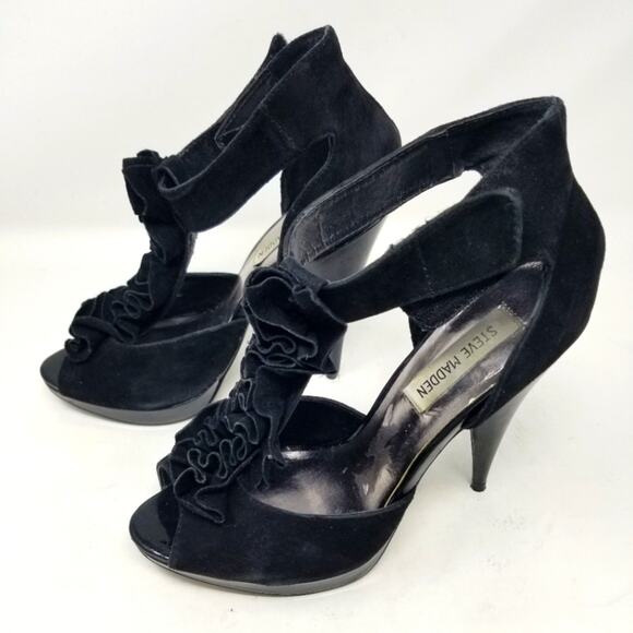 Steve Madden Black Suede Leather Ruffle Platform Heels Size 9 - Picture 1 of 13